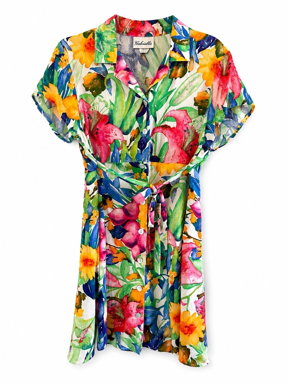 Vintage 90s Gabriella Floral Shirt Dress 9/10 Rayon Belted Button Front